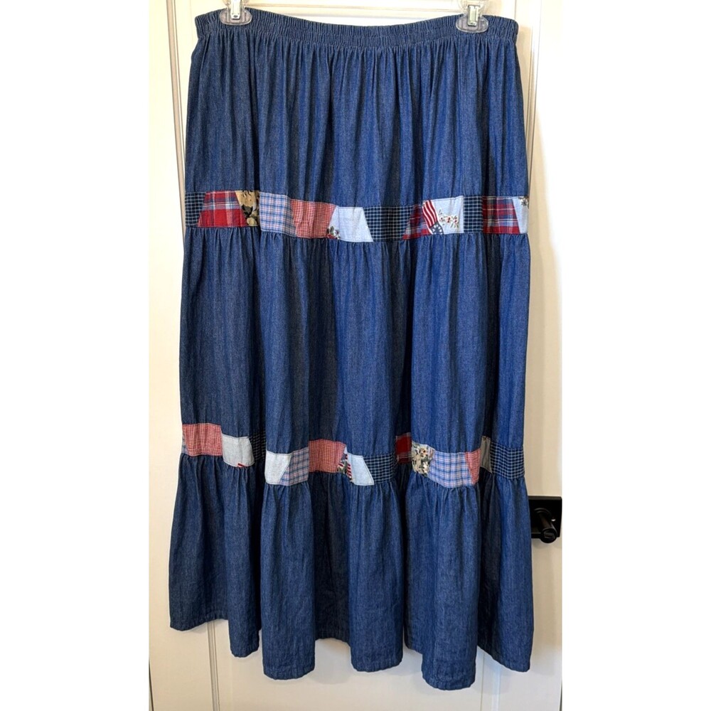 Vtg Koret City Blues Demin Patch Work Maxi Skirt 20W Western Country Cowgirl